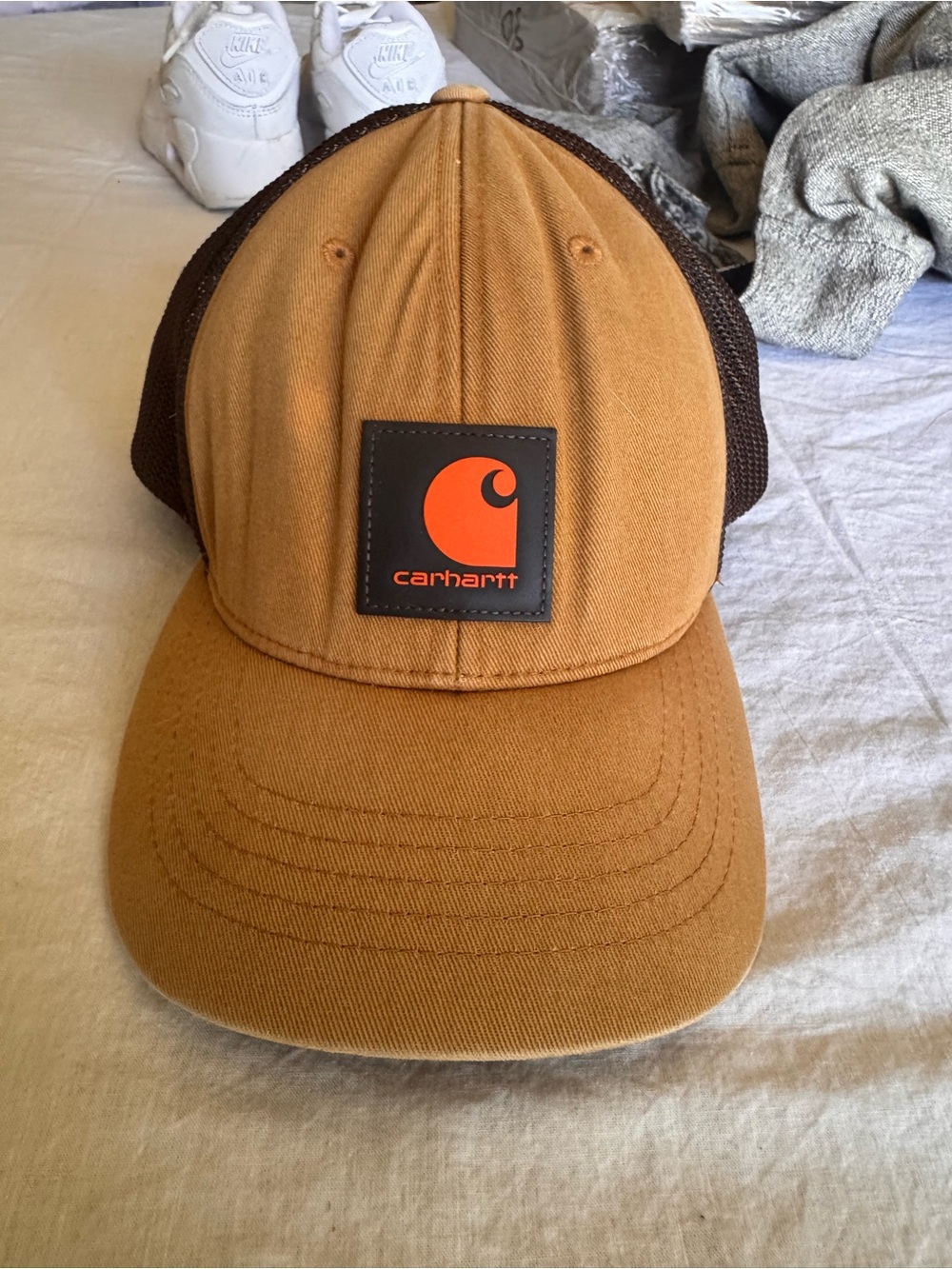 Carhartt‎ Brown Canvas Trucker Hat with Orange Logo Patch